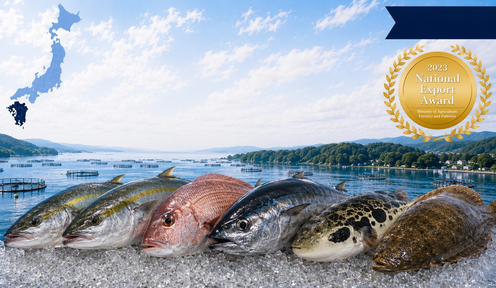 養殖場の湾を背景に、氷の上に並ぶ九州産養殖魚6種